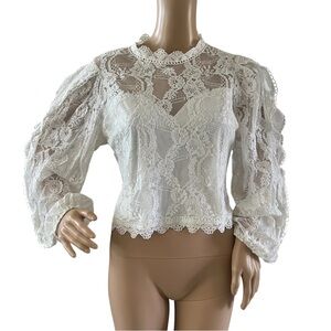 A.Peach White Lined Lace Blouse Balloon Scalloped Hem Romantic